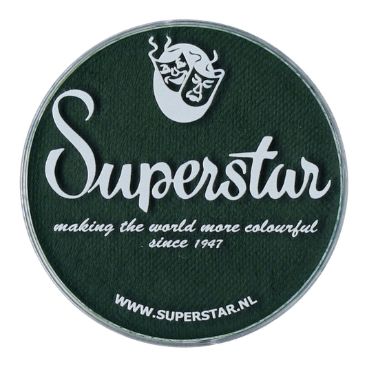 The Superstar logo features a green circle with Superstar in white script, a stylized face above, and the motto making the world more colorful since 1947. Visit www.superstar.nl for Infinity Faces cruelty-free, water-based Aqua Face & Body Paint in dark green (16g).