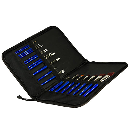 The Brush Holder Superstar by Infinity Faces is an open black carrying case on a white background, showcasing blue-handled art tools, including brushes and painting knives, neatly arranged in brush compartments.