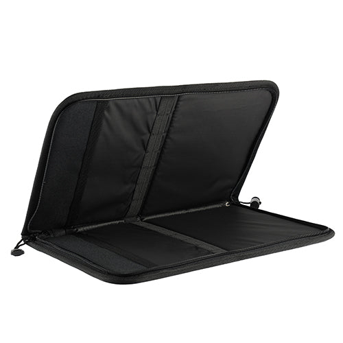 Open the Brush Holder Superstar by Infinity Faces to reveal two sections featuring elastic straps and specialized brush compartments, ideal for securely holding professional brushes, documents, or electronic devices.