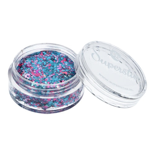 Infinity Faces Chunky Glitter Cream Superstar - Festival Spark (10g) comes in a small clear jar with a transparent lid, showcasing blue, pink, and silver chunky glitter—perfect for face and body art. The container reveals the sparkling colors inside.