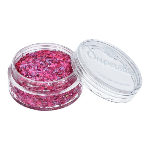 Infinity Faces Chunky Glitter Cream Superstar - P!inked (10g) is shown in a small clear container filled with shiny pink chunky glitter, with its transparent lid placed beside it.