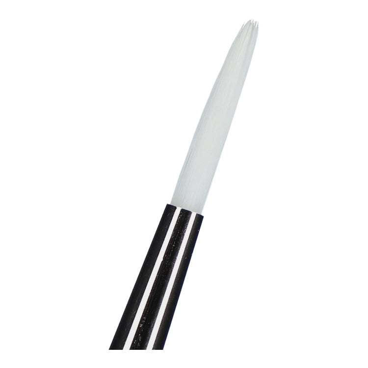Close-up of an Infinity Faces Brushes Superstar - Synthetic Round Brush 5 (Maayke). The brush features a thin, pointed white bristle tip for face and body painting. Its handle is black with silver stripes against a plain white background.
