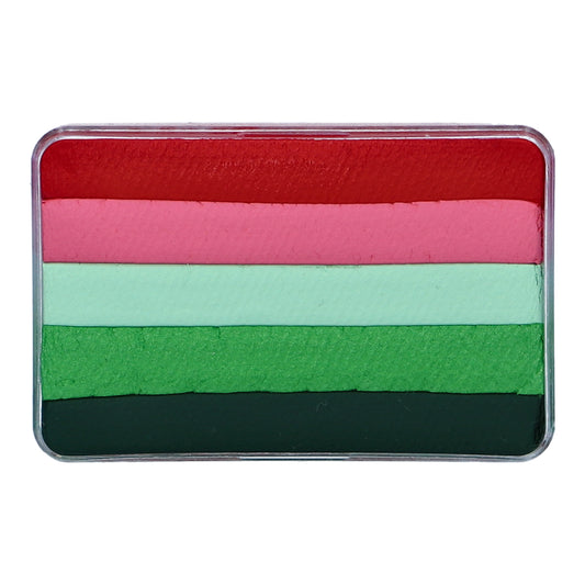 The Face Paint & Body Paint Aqua Superstar - Little Bloom by Infinity Faces features a rectangular palette with five horizontal stripes in bright red, pink, light green, medium green, and dark green. The silver frame holds 30gr of water-based makeup suitable for child-friendly creative play.