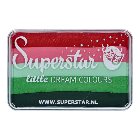 The Face Paint & Body Paint Aqua Superstar - Little Bloom (One Stroke) by Infinity Faces features layered stripes of red, white, pink, green, and dark green. It comes in a rectangular container with a theatrical mask and stars design. Enjoy child-friendly application at www.superstar.nl.