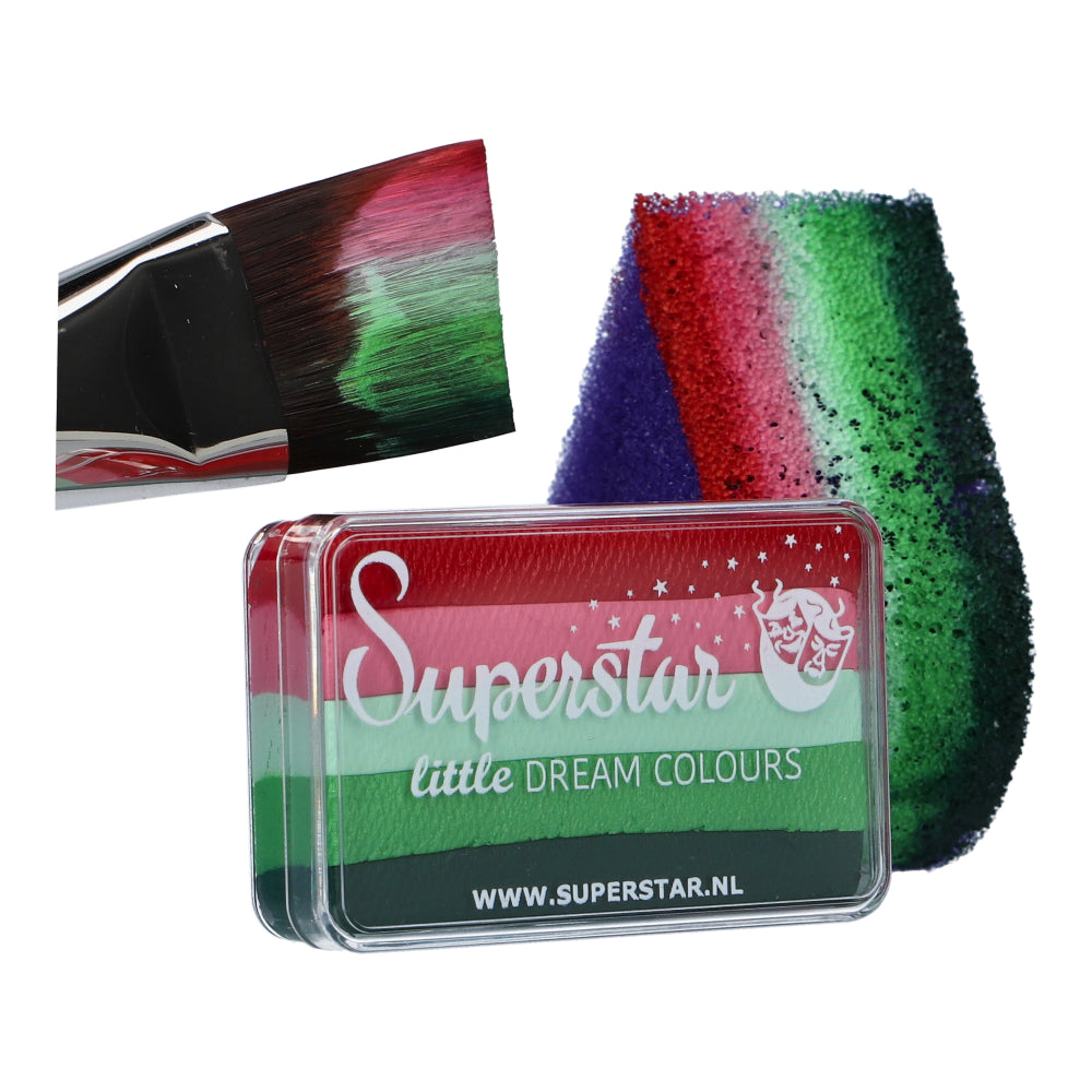 The Face Paint & Body Paint Aqua Superstar - Little Bloom by Infinity Faces features split cake colors: green, red, black, and white. It includes a child-friendly application demonstrated with a brush blending the vibrant hues and a sponge showing mixed colors applied.