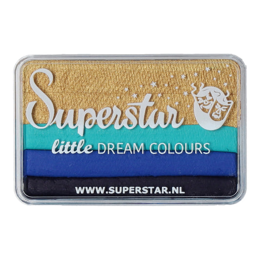 A rectangular container labeled Infinity Faces holds the Face Paint & Body Paint Aqua Superstar - Little Royal (One Stroke) with four vibrant, cruelty-free shades: gold, turquoise, blue, and purple. Its water-based makeup perfect for any occasion. Visit www.superstar.nl for more information.