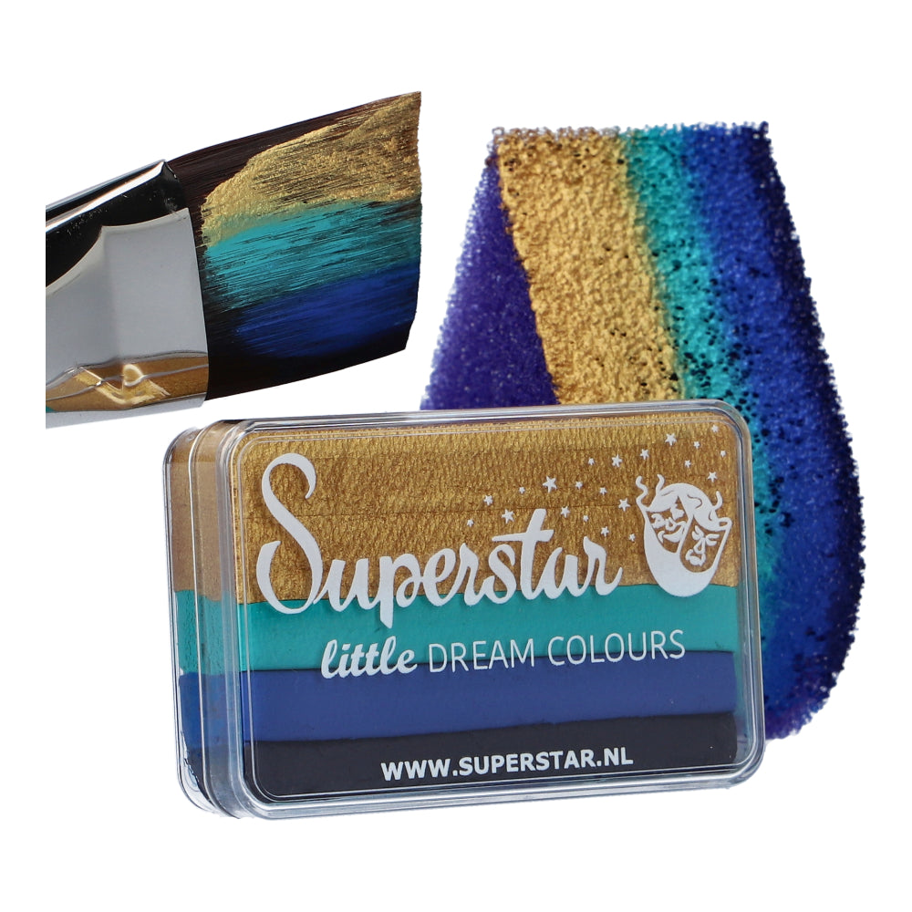 Infinity Faces Face Paint & Body Paint Aqua Superstar - Little Royal (One Stroke) offers vibrant gold, teal, blue, and dark blue aqua shades in a cruelty-free 30gr container, capturing creativity with each bold stroke.