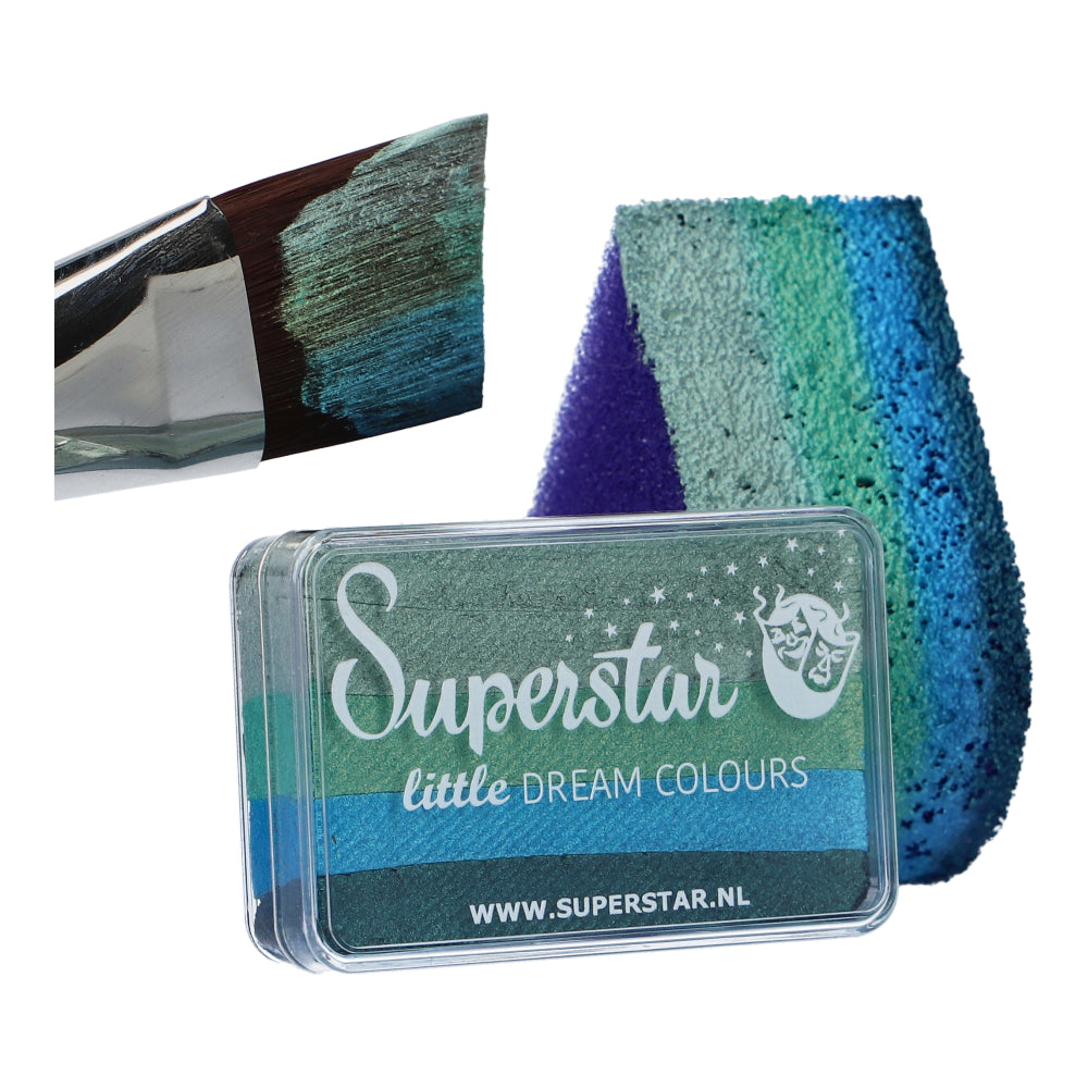 The Infinity Faces Face Paint & Body Paint Aqua Superstar - Little Ocean (One Stroke) (30gr) features a rectangular palette with vibrant green, blue, and purple shades, a brush with cruelty-free paint, and a sponge in gradient blue to purple—making this water-based collection essential.