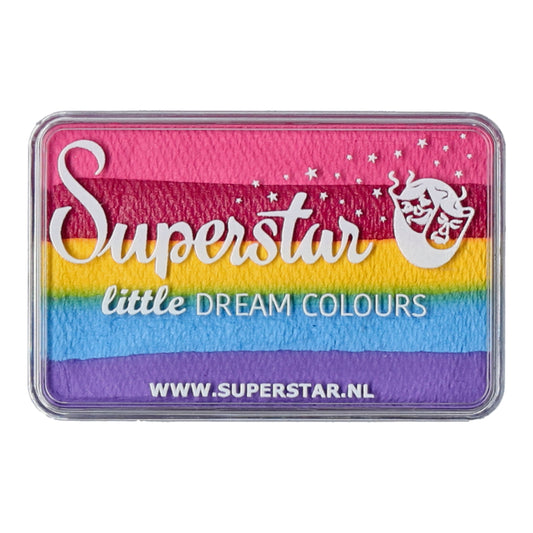 The Face Paint & Body Paint Aqua Superstar - Little Rainbow (One Stroke) (30gr) by Infinity Faces features a vibrant striped lid in pink, orange, yellow, blue, and purple with a mask and stars. Enjoy cruelty-free makeup at www.superstar.nl.