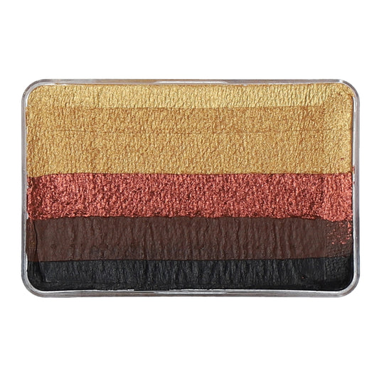 The Infinity Faces Face Paint & Body Paint Aqua Superstar - Little Safari (One Stroke) features three stunning horizontal stripes: shimmery gold, copper, and matte black powder. This 30g cruelty-free, water-based makeup is gentle on skin while delivering vibrant color for bold looks.