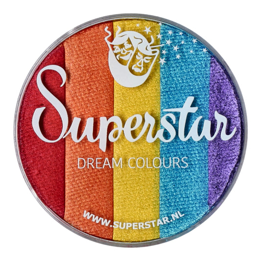 The Split Cake Dream Colour Superstar - Rainbow (45gr) by Infinityfaces, compliant with the European Cosmetics Directive, offers five shimmering hues: red, orange, yellow, blue, and purple with a mermaid logo and stars. Visit www.superstar.nl for more info.