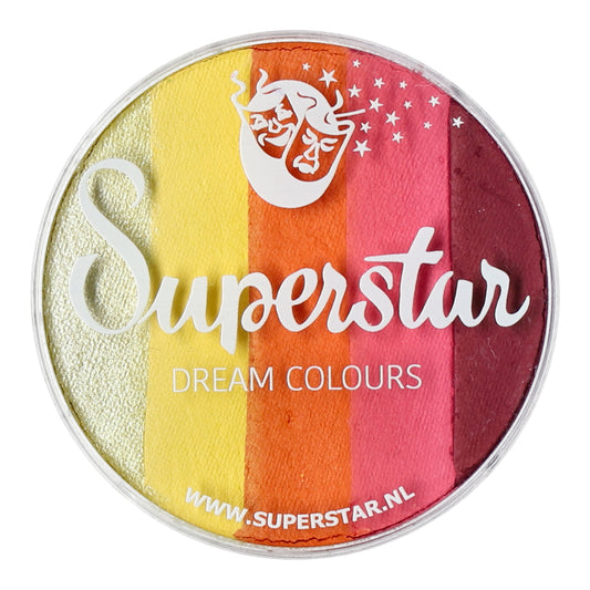 The Split Cake Dream Colour Superstar - Summer (45gr) by Infinityfaces is a round makeup palette with vertical stripes in white, yellow, orange, pink, and burgundy. It features the Superstar Dream Colours logo of two faces and stars and complies with the European Cosmetics Directive for Aqua Face- and Bodypaint. Discover more at www.superstar.nl.