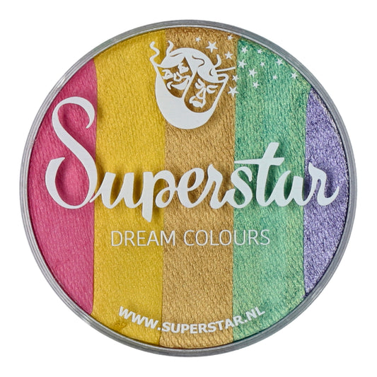 The Infinityfaces Split Cake Dream Colour Superstar - Unicorn (45gr) features a round face and body paint palette with five vertical stripes in pink, yellow, gold, green, and purple beneath a logo showing a crescent moon and stars.