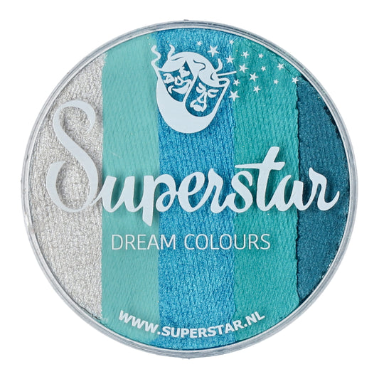 The Split Cake Dream Colour Superstar - Ice (45gr) by Infinityfaces is a round palette with five blue and silver textured shades. It features a masked face logo with stars and complies with the European Cosmetics Directive. Visit www.superstar.nl for more info.