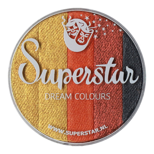 A round container of Split Cake Dream Colour Superstar - Safari (45gr) by Infinityfaces features four vertical stripes in yellow, gold, orange, and red. The label reads Superstar Dream Colours with a star-adorned face logo, and www.superstar.nl is noted at the bottom.