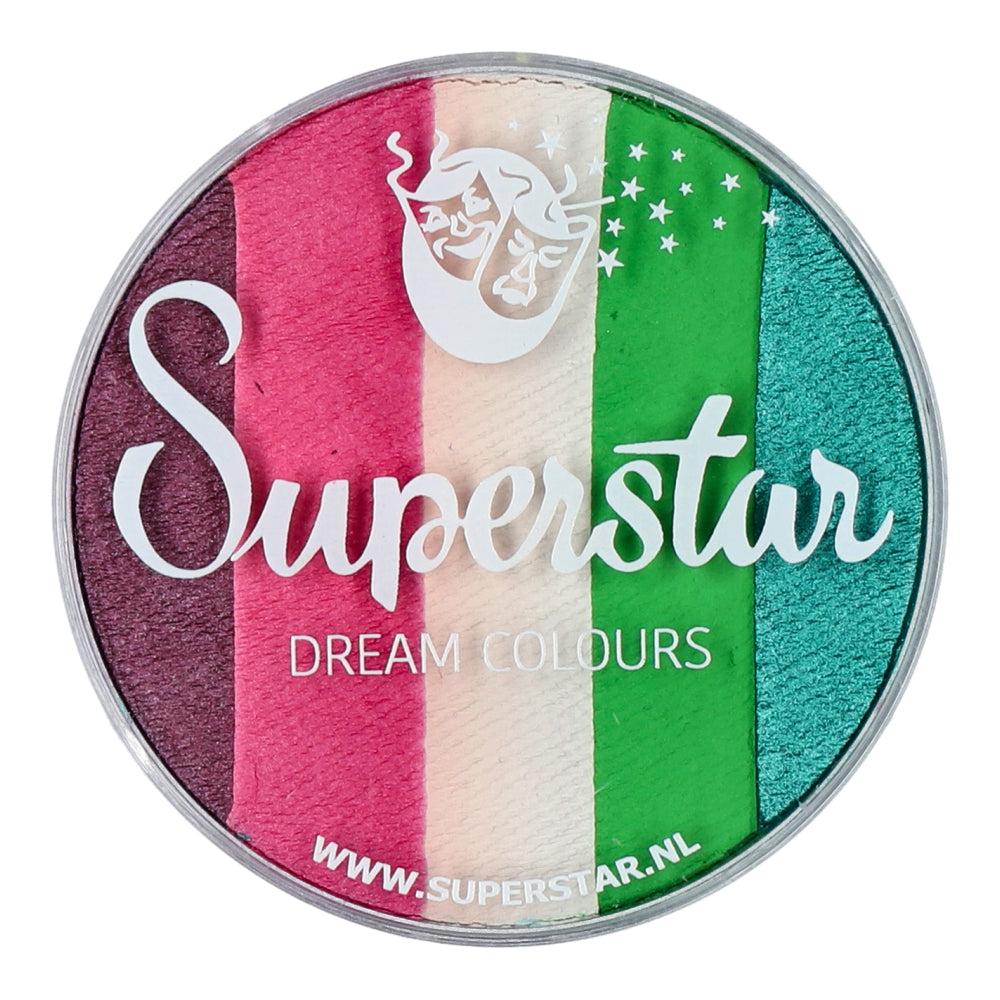 The Split Cake Dream Colour Superstar - Flower (45gr) by Infinityfaces is a round container with five vibrant vertical stripes of pink, purple, peach, green, and teal. The lid has a logo with stars and a face and meets European Cosmetics Directive standards, featuring www.superstar.nl below.