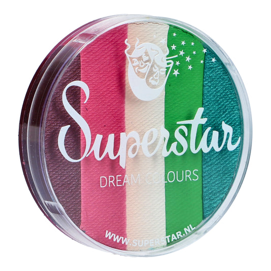 A round container of Split Cake Dream Colour Superstar - Flower (45gr) by Infinityfaces, featuring five vertical stripes in burgundy, pink, white, green, and teal. The lid displays Superstar Dream Colours with a crescent moon and stars. EU Cosmetics Directive compliant; ideal for Aqua Face- and Bodypaint wonders.