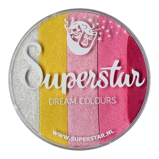 The Split Cake Dream Colour Superstar - Sweet (45gr) by Infinityfaces features vertical stripes of shimmery white, yellow, pink, and fuchsia. It complies with the European Cosmetics Directive and includes a logo and website on its lid.