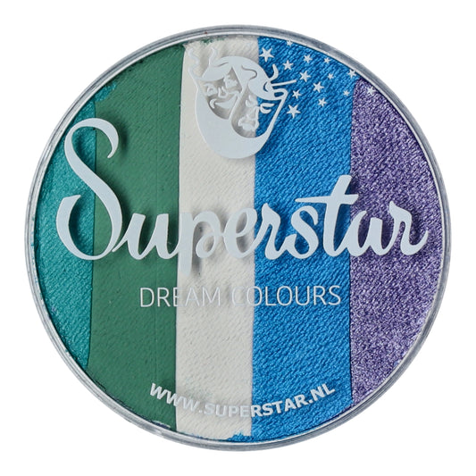 The Split Cake Dream Colour Superstar - Mermaid by Infinityfaces is a round, 45g container of teal, white, blue, and purple Aqua Face- and Bodypaint featuring a mermaid with stars. Compliant with the European Cosmetics Directive. Visit www.superstar.nl for details.