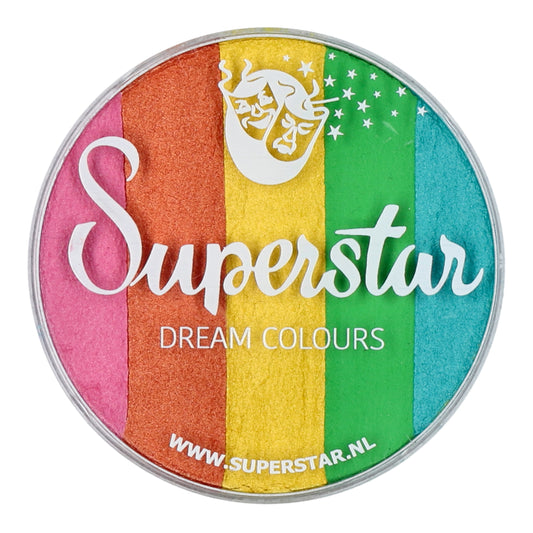 The circular container of Split Cake Dream Colour Superstar - Carnival (45gr) by Infinityfaces showcases vibrant stripes of Aqua Face and Bodypaint in red, orange, yellow, green, and blue. It meets the European Cosmetics Directive standards and has stars above www.superstar.nl.