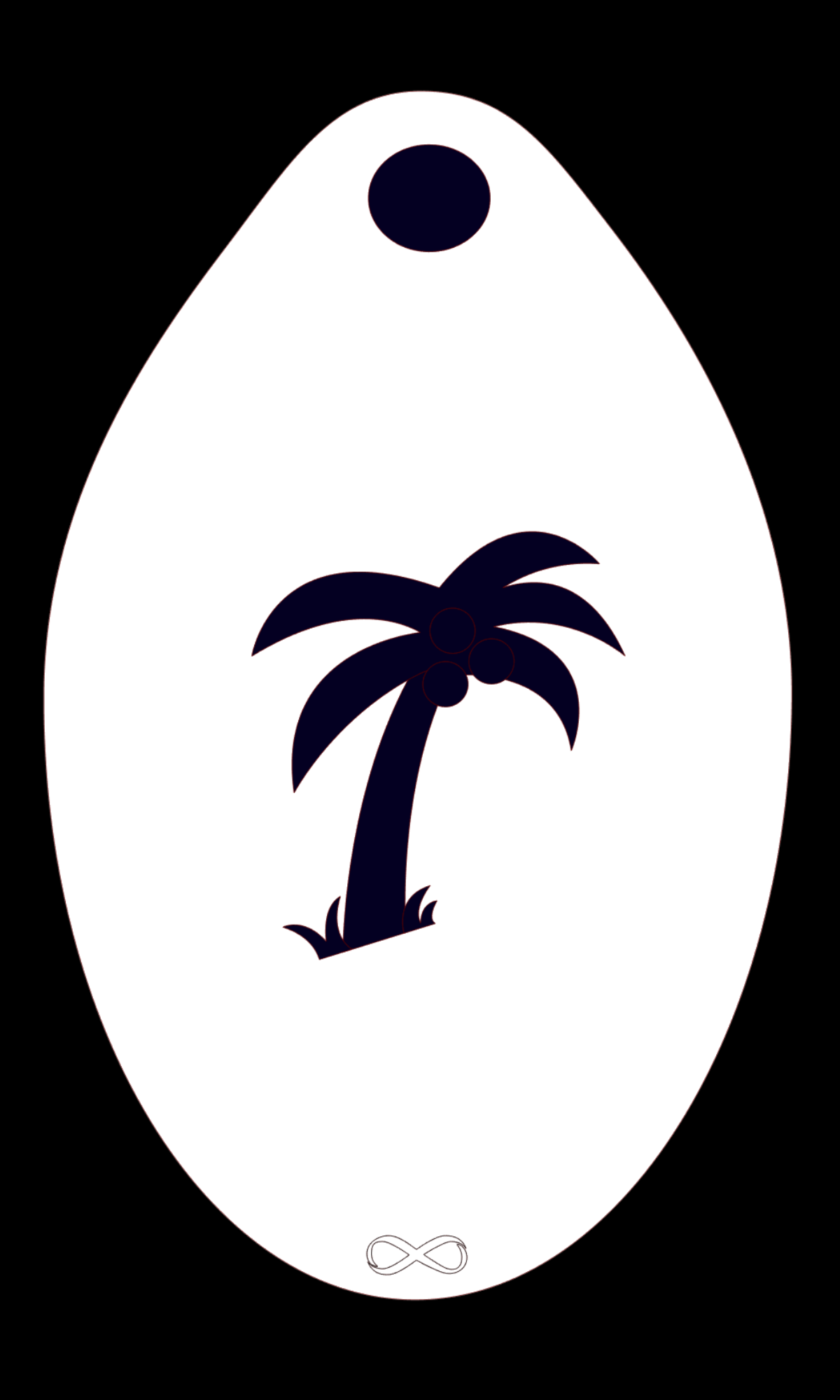 The Palm Tree Stencil Body Art by Infinity Faces is a minimalist white surfboard with a dark silhouetted palm tree at its center, crafted using a white reusable stencil. It features a circular top hole and an infinity symbol on a plain black bottom background.