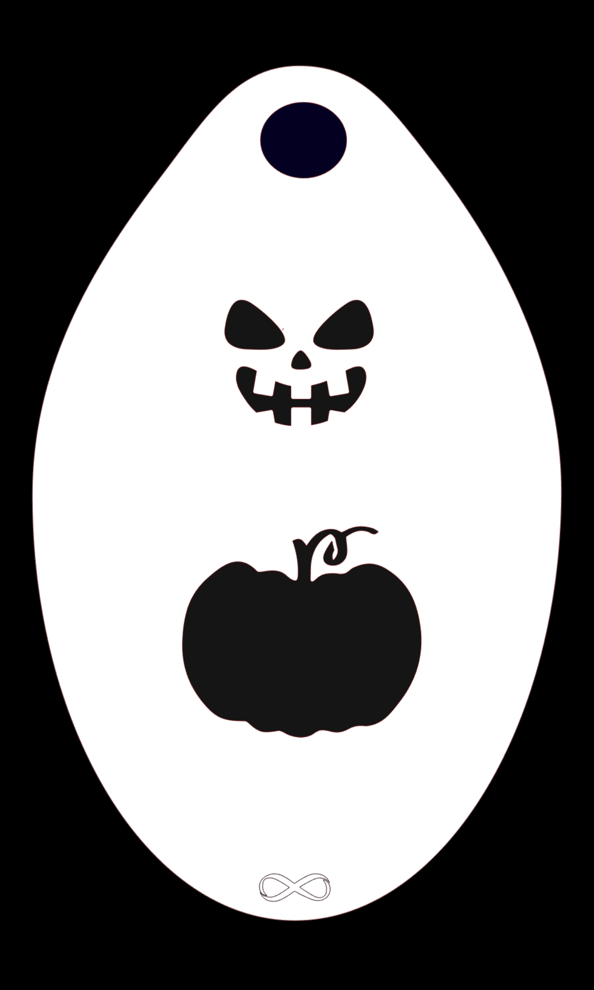The Pumpkin Stencil Body Art by Infinity Faces showcases a white planchette with a black jack-o-lantern face, a pumpkin silhouette below, and an infinity symbol at the bottom. Crafted from durable PET material, it can also be reused as a stencil for creative projects.
