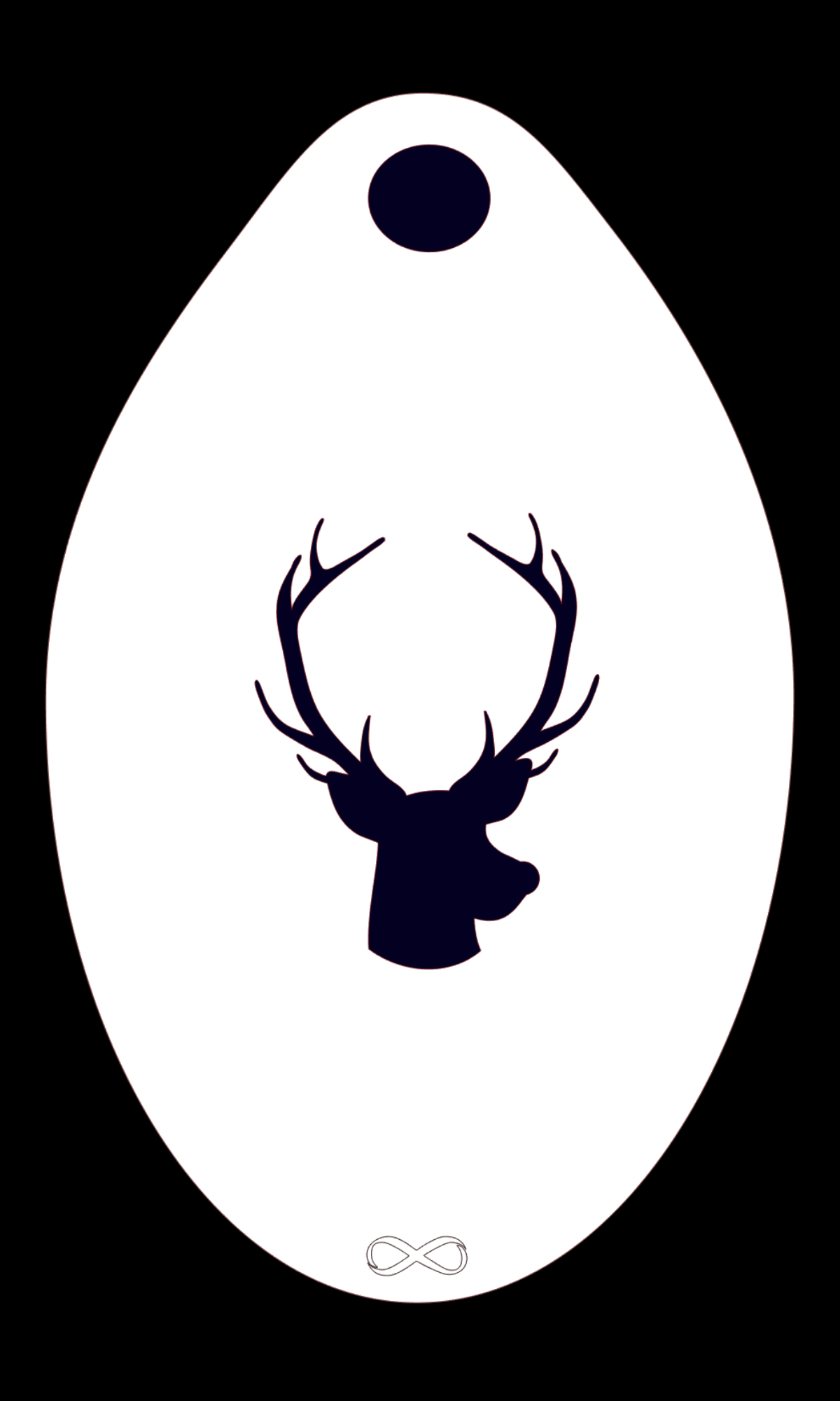 A white surfboard showcases the Reindeer Head Stencil Body Art by Infinity Faces with a precise black stag silhouette at its center. A small black oval near the top and an infinity symbol at the bottom ensure balanced artistry.