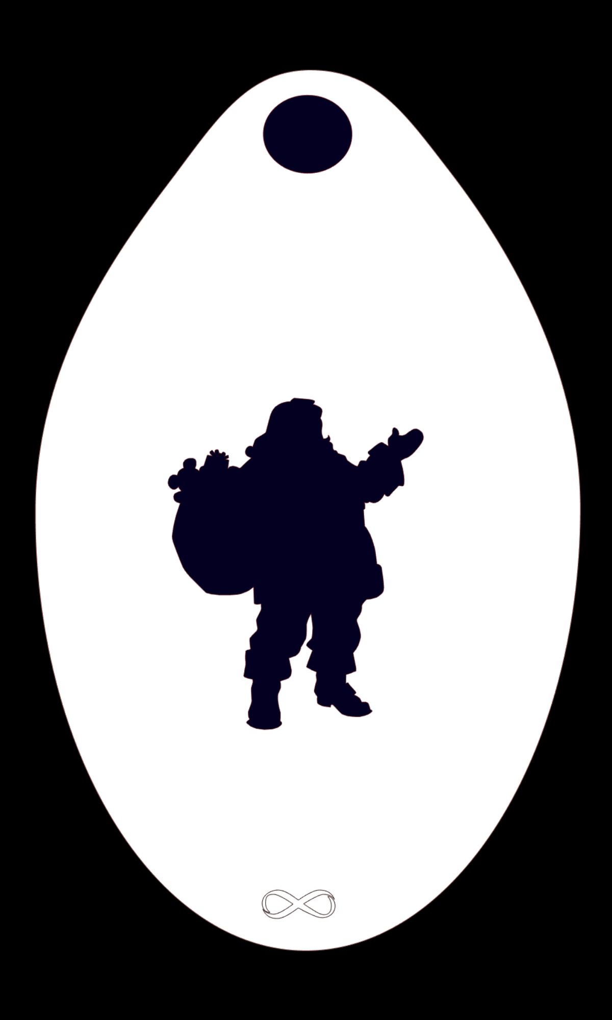The silhouette features a heavily armed character made of bendable plastic, gripping a large weapon and wearing a bulky backpack. Theyre set against a white teardrop-shaped background with a small black circle above and the Infinity Faces logo at the bottom for the Santa Stencil Body Art.