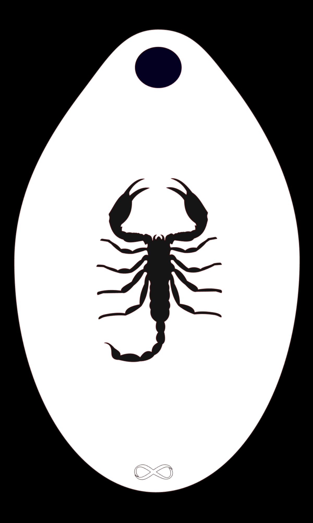 The Scorpion Stencil Body Art by Infinity Faces features a black scorpion illustration on a white oval PET background, with a dark circle at the top and an infinity symbol at the bottom—ideal for intricate face painting or as a reusable stencil.