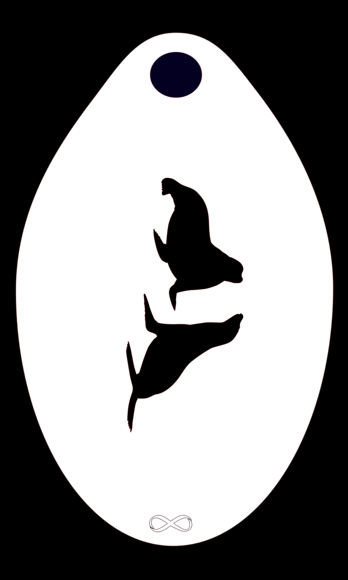 The Sea Lions Stencil Body Art by Infinity Faces features two seal silhouettes facing each other inside a white reusable stencil with a black border. A small black oval is at the top, an infinity symbol at the bottom, all against a chic black background.