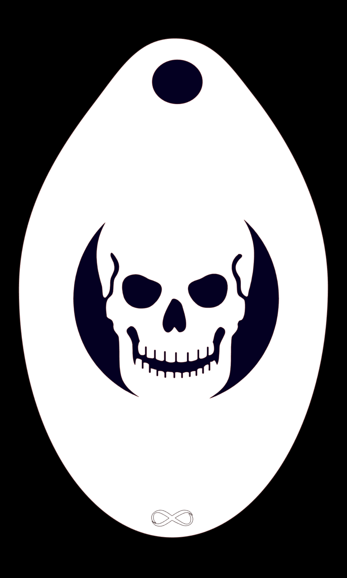 The Skull Stencil Body Art by Infinity Faces is a white, teardrop-shaped reusable stencil for face painting. It has a central black skull design, a small circular hole at the narrow end, and an infinity symbol on the black bottom edge.