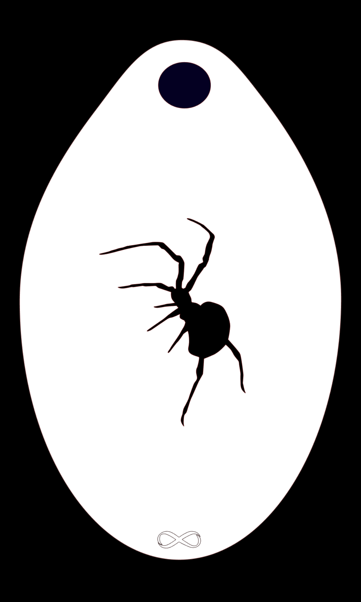 The Spider Stencil Body Art by Infinity Faces features a black spider silhouette on a white, teardrop-shaped PET stencil with a small black circle at the top and an infinity symbol at the bottom.