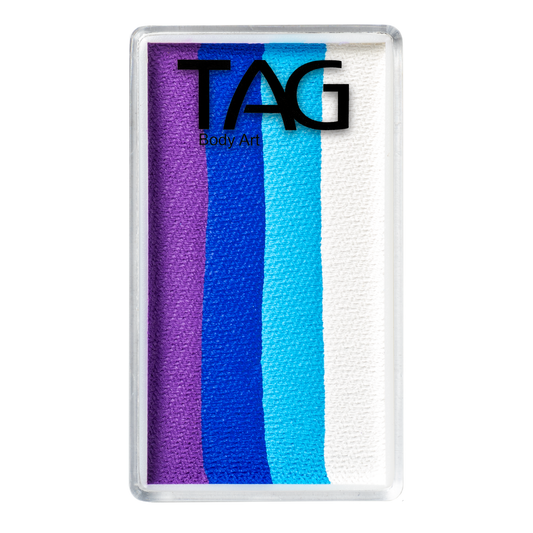 The rectangular Infinityfaces Aqua Tag Dolphin palette contains five vertical stripes of body paint: purple, dark blue, light blue, teal, and white in a transparent plastic case.