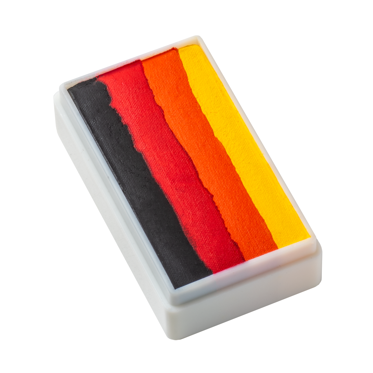 The Infinityfaces Face Paint & Body Paint Aqua Tag - Dragon (One Stroke) (30g) is a rectangular palette featuring vertical stripes of black, red, and yellow like the German flag, packaged in a white plastic case.