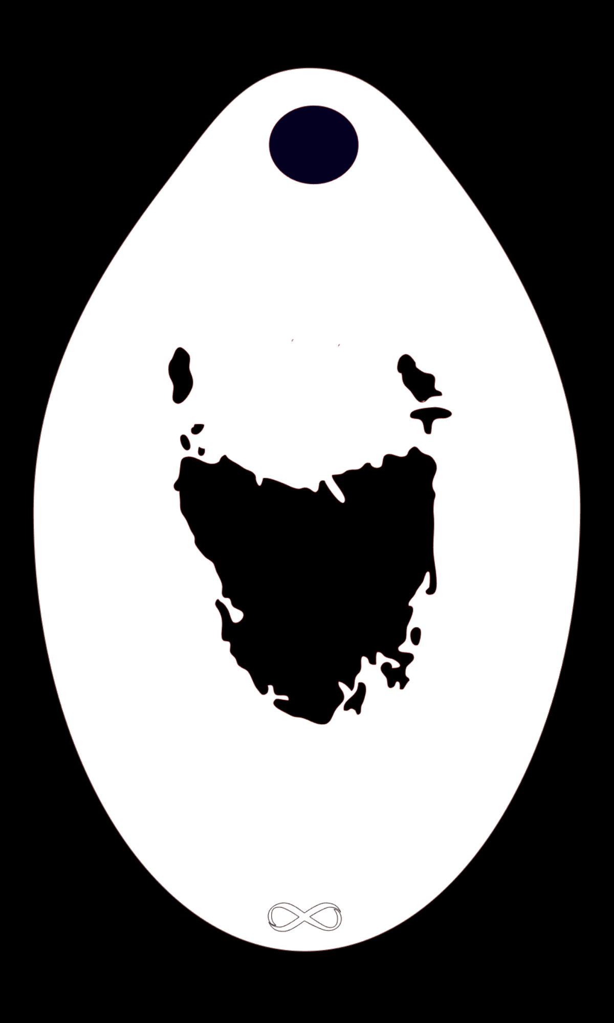 Tasmania Stencil Body Art by Infinity Faces: A white reusable spatula-shaped stencil, featuring a dark navy central oval, abstract black face-like designs with a beard, and an infinity symbol set against a stark black background.