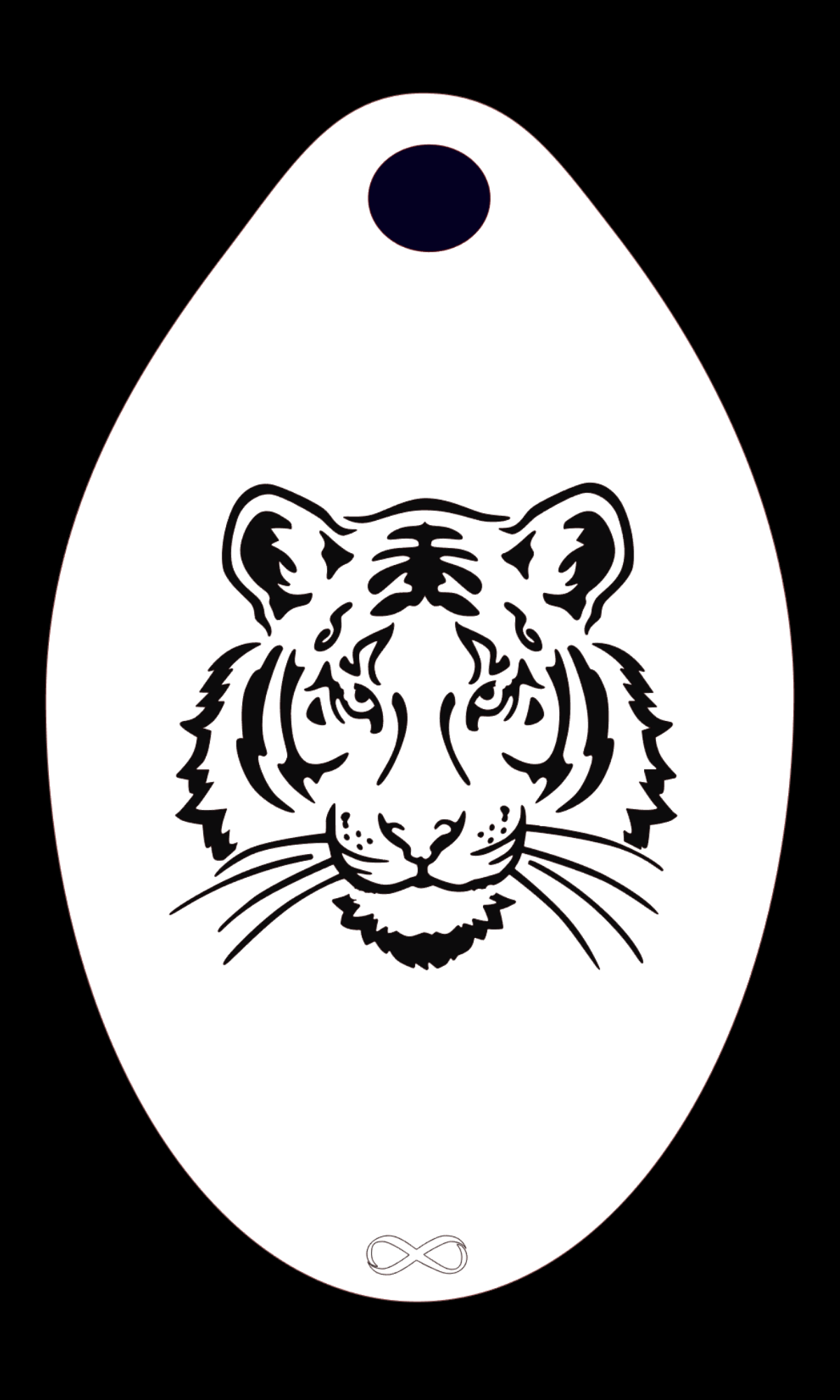 The Tiger Stencil Body Art by Infinity Faces features a stylized black and white tiger face on a white reusable stencil with an oval shape. The design includes a small black circle at the top and an infinity symbol at the base for endless allure.