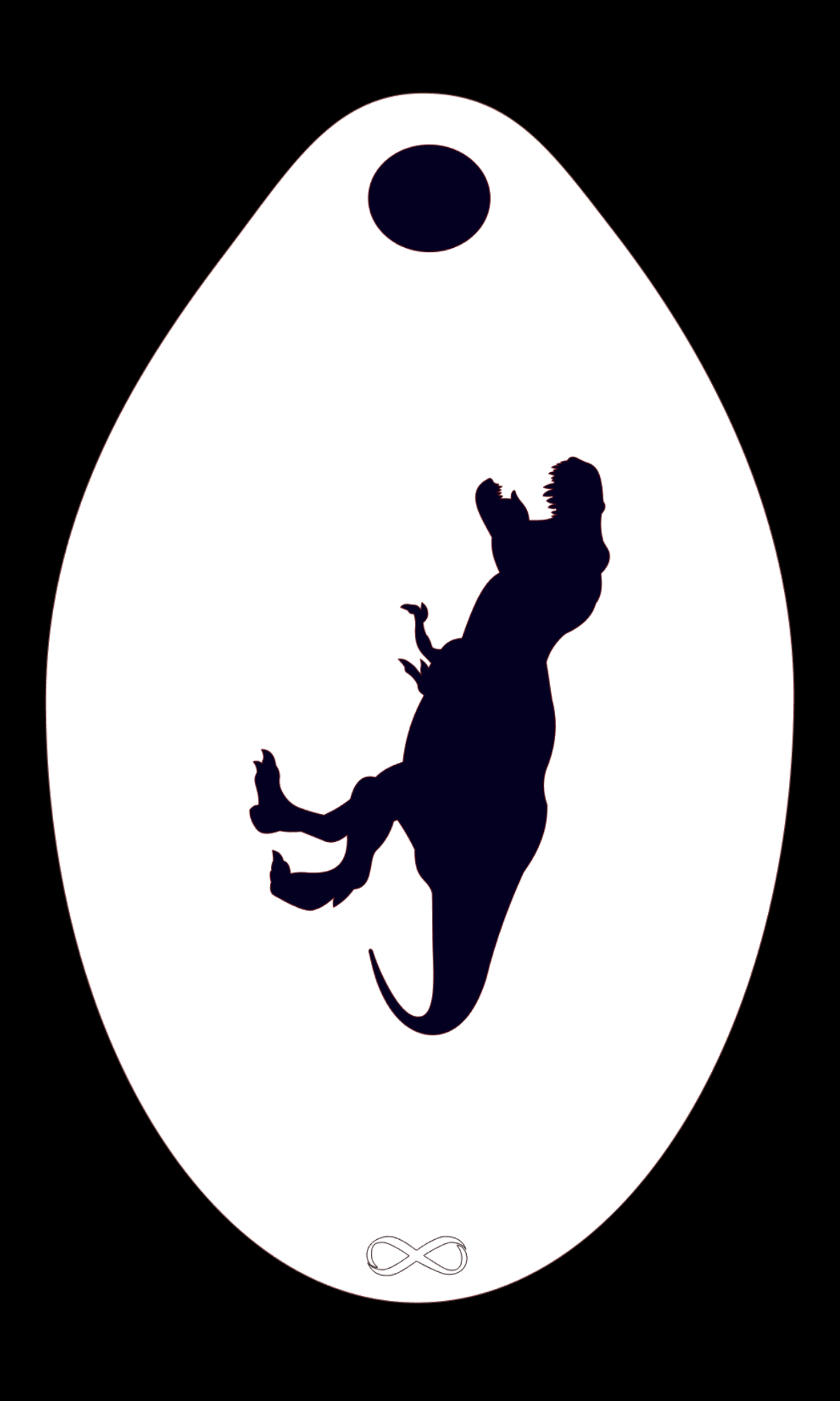 The T-Rex Stencil Body Art by Infinity Faces is a white, reusable PET stencil featuring a central black dinosaur silhouette, with a small black oval at the top and an infinity symbol at the bottom. The stencils background is designed in black.