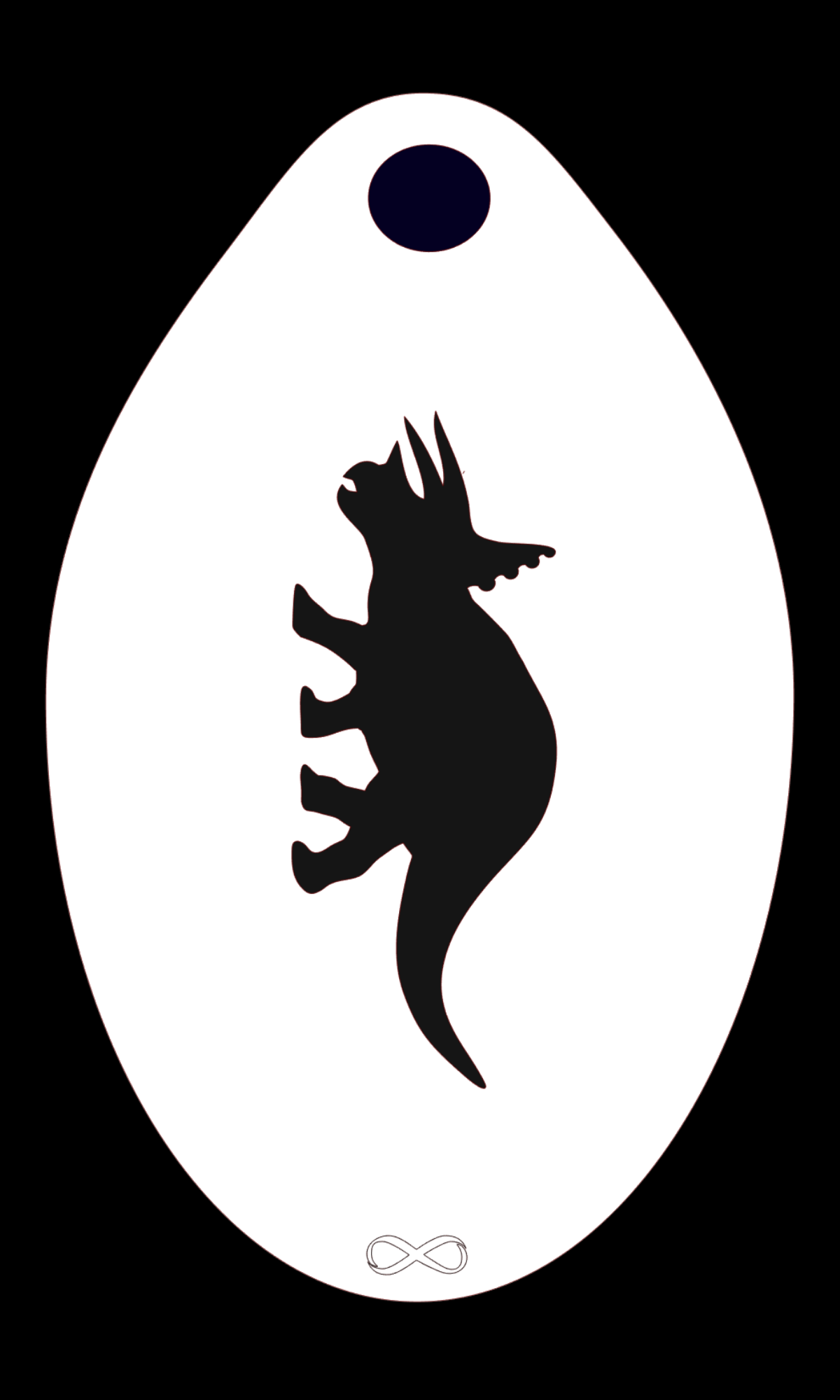 The Infinity Faces Triceratops Stencil Body Art showcases a triceratops silhouette on a flexible, white egg-shaped background, with a black oval at the top and an infinity symbol at the bottom, ideal for unique reusable designs.