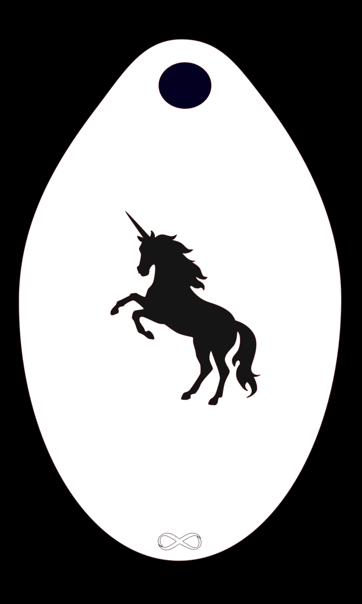 The Unicorn Stencil Body Art by Infinity Faces features a stylized black rearing unicorn silhouette centered on a teardrop-shaped, reusable stencil with a white background and a small top black circle. A delicate infinity symbol adorns the bottom.
