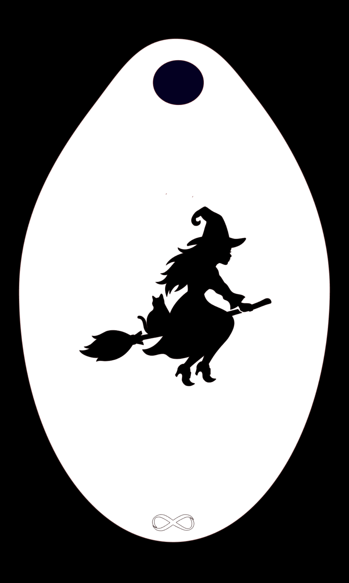 The Witch Flying Stencil Body Art by Infinity Faces features a silhouetted witch on a broomstick against a white, teardrop backdrop. Made from durable PET, it includes a small black circle at the top and an infinity symbol at the bottom.