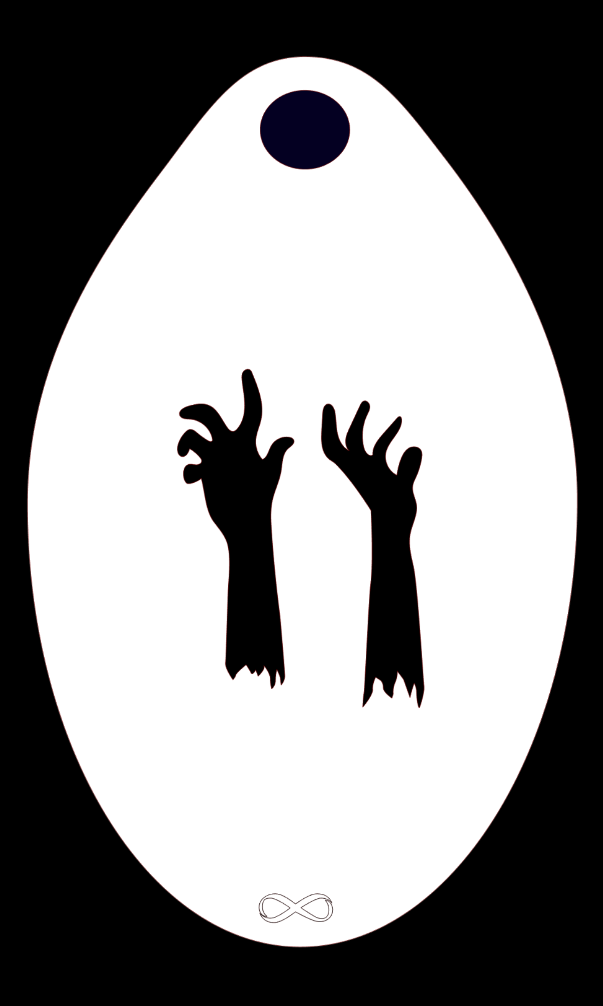 The Zombie Arms Stencil Body Art by Infinity Faces features two jagged silhouetted zombie hands extending upwards within a white oval on a black background. This eerie PET stencil is perfect for crafting or face painting enthusiasts looking to create spooky designs.