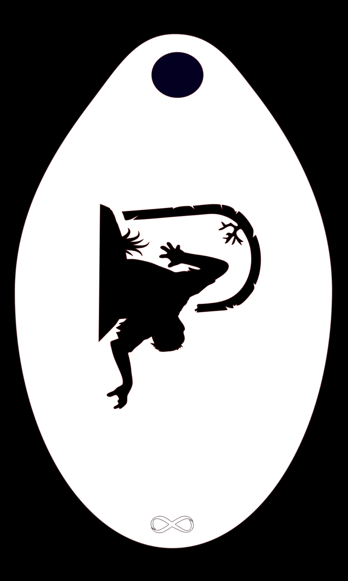 A silhouette hangs on a P-shaped hook on a flexible, egg-shaped plastic surface featuring a small black circle at the top and an infinity symbol at the bottom. Product: Zombie Grave Stencil Body Art by Infinity Faces.