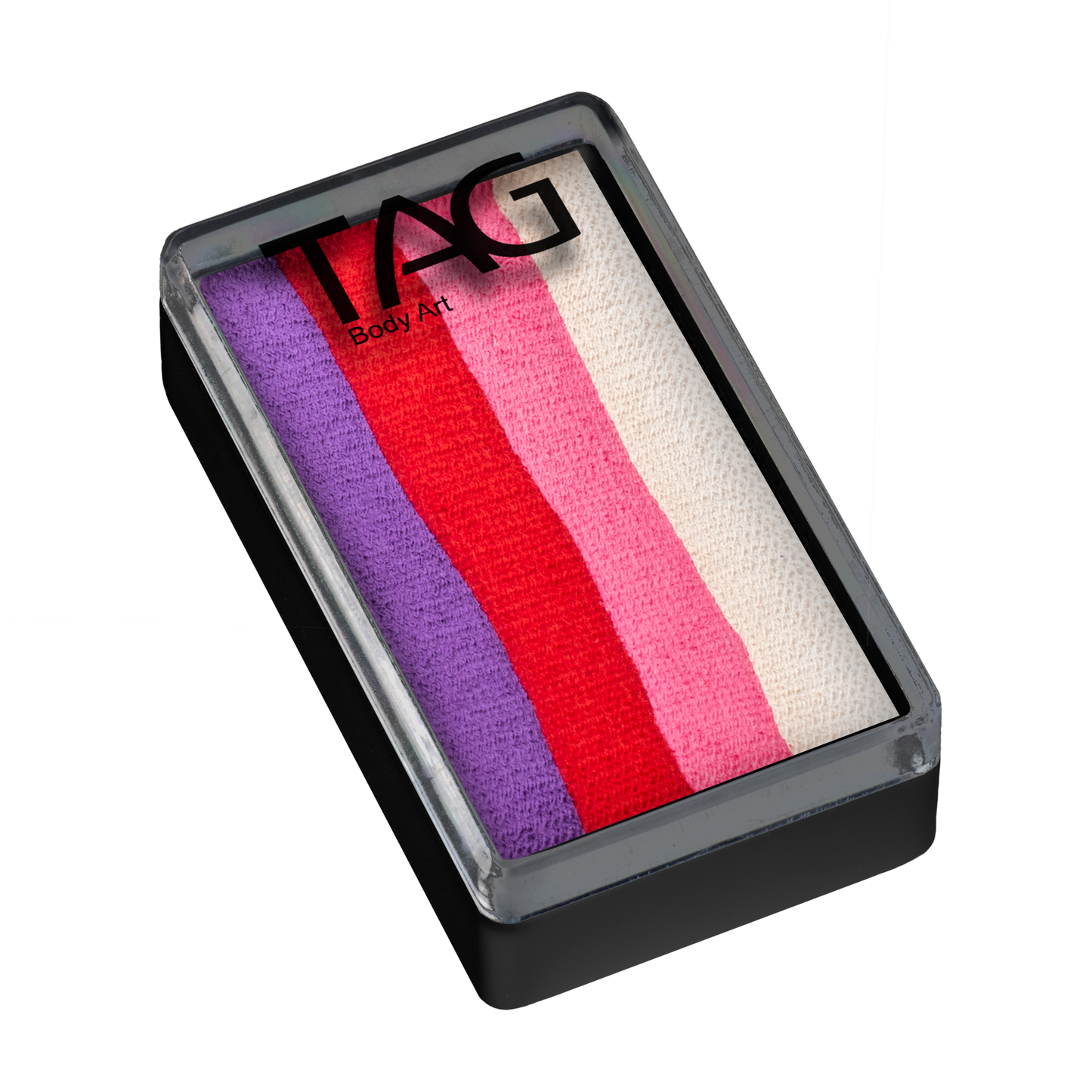 The Infinityfaces Face Paint & Body Paint Aqua - Berry One Stroke (30g) features four horizontal purple, red, pink, and white stripes in a rectangular black plastic case with a clear lid.