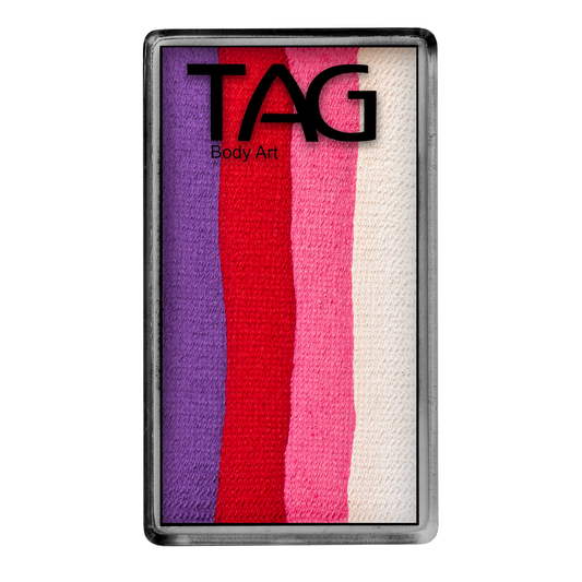 The Infinityfaces Face Paint & Body Paint Aqua - Berry One Stroke (30g) features four vertical stripes in purple, red, pink, and white in a rectangular metal case, with the TAG branding at the top.