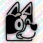 Add some whimsical flair to your body art with the Glitter Tattoo Faketoos - Bluey (small) by Faketoos—a cartoon-style black and white dog face with one raised eyebrow and a playful smile, set against a pastel background featuring repeated “faketoos” text. Perfect inspiration for a sparkly tattoo or glitter tattoo stencil!.