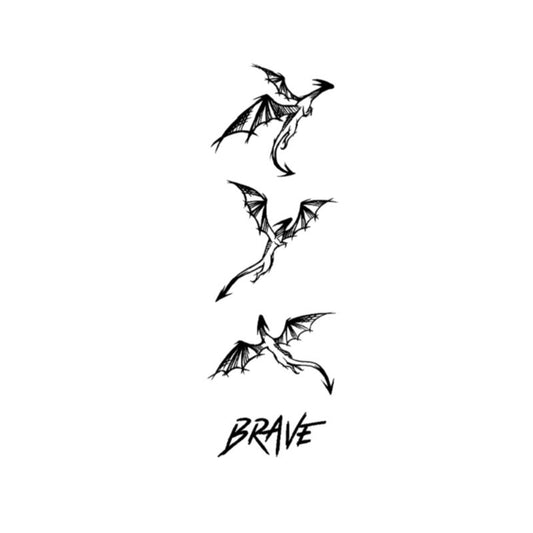 The Infinityfaces Temporary Herbal Tattoo - Brave Dragon features an abstract black-and-white drawing of three dragon-like creatures in flight, each facing a different direction. The word BRAVE is inked stylishly at the bottom, serving as inspiration for natural body art on a plain background.