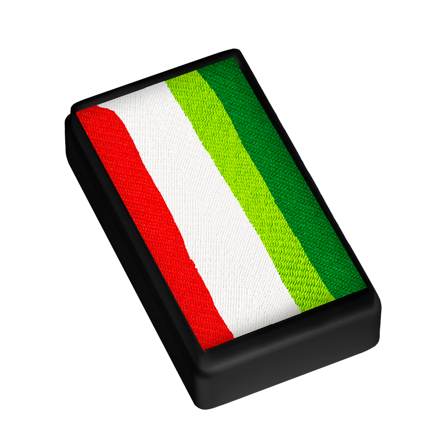 A rectangular black tray holds the Infinityfaces Face Paint & Body Paint Aqua Tag - Candy Cane Forest One Stroke (30g), featuring red, white, and green stripes from left to right.