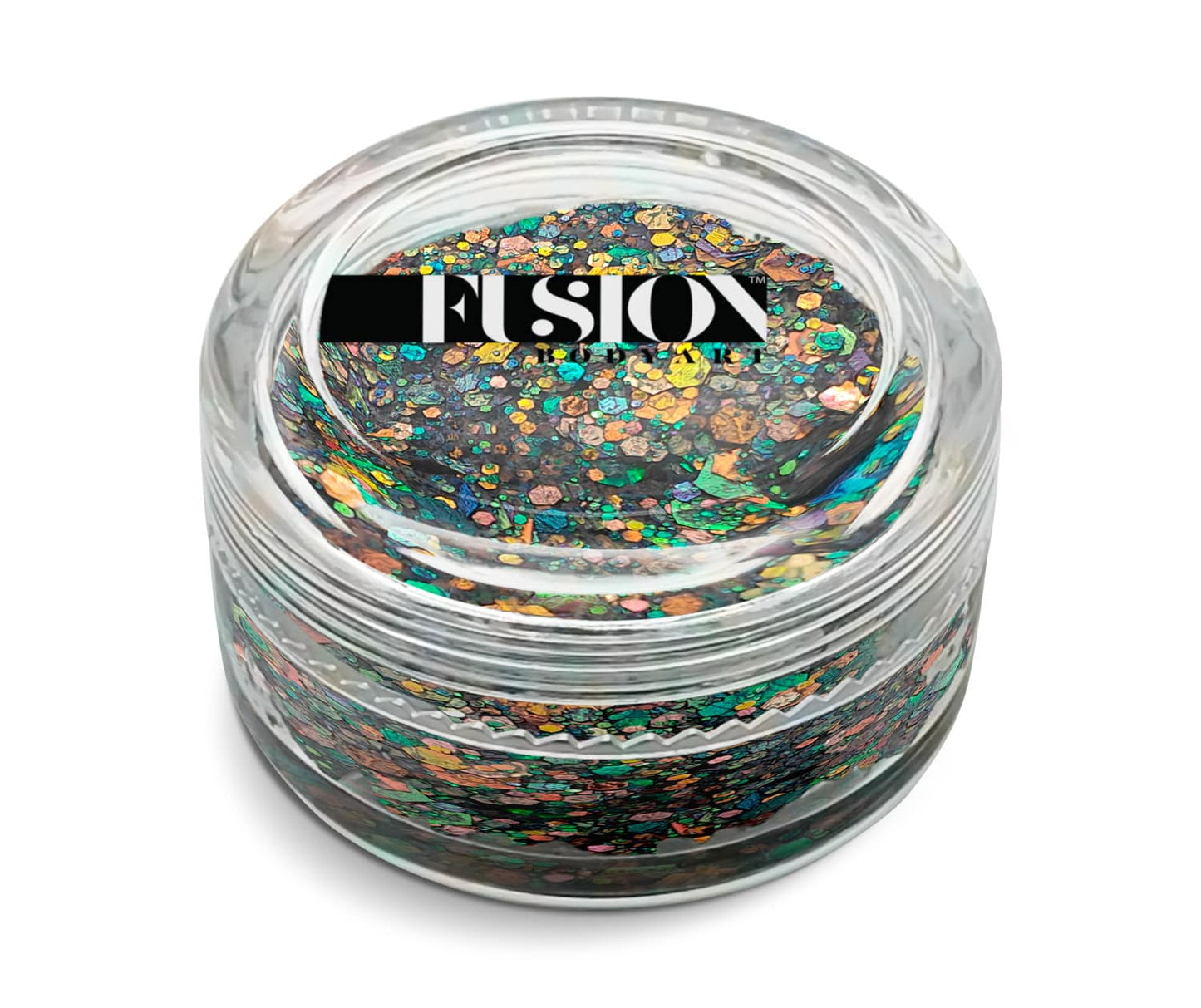 A small clear jar of Glitter Cream Fusion - Cosmic (10g) by Infinity Faces, filled with holographic, multi-colored glitter flakes. The lid features a black and white FUSION label. The jar sits against a plain white background.