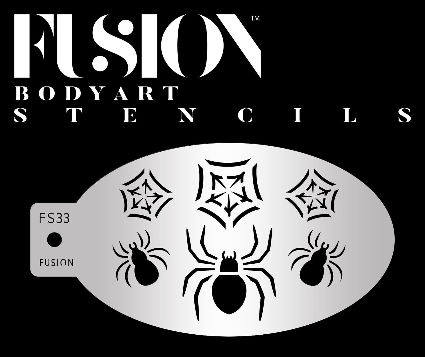 The Crawling Spider & Web Fusion Stencil Body Art by Infinity Faces is a silver stencil with three spiders and three spiderwebs on a black background.