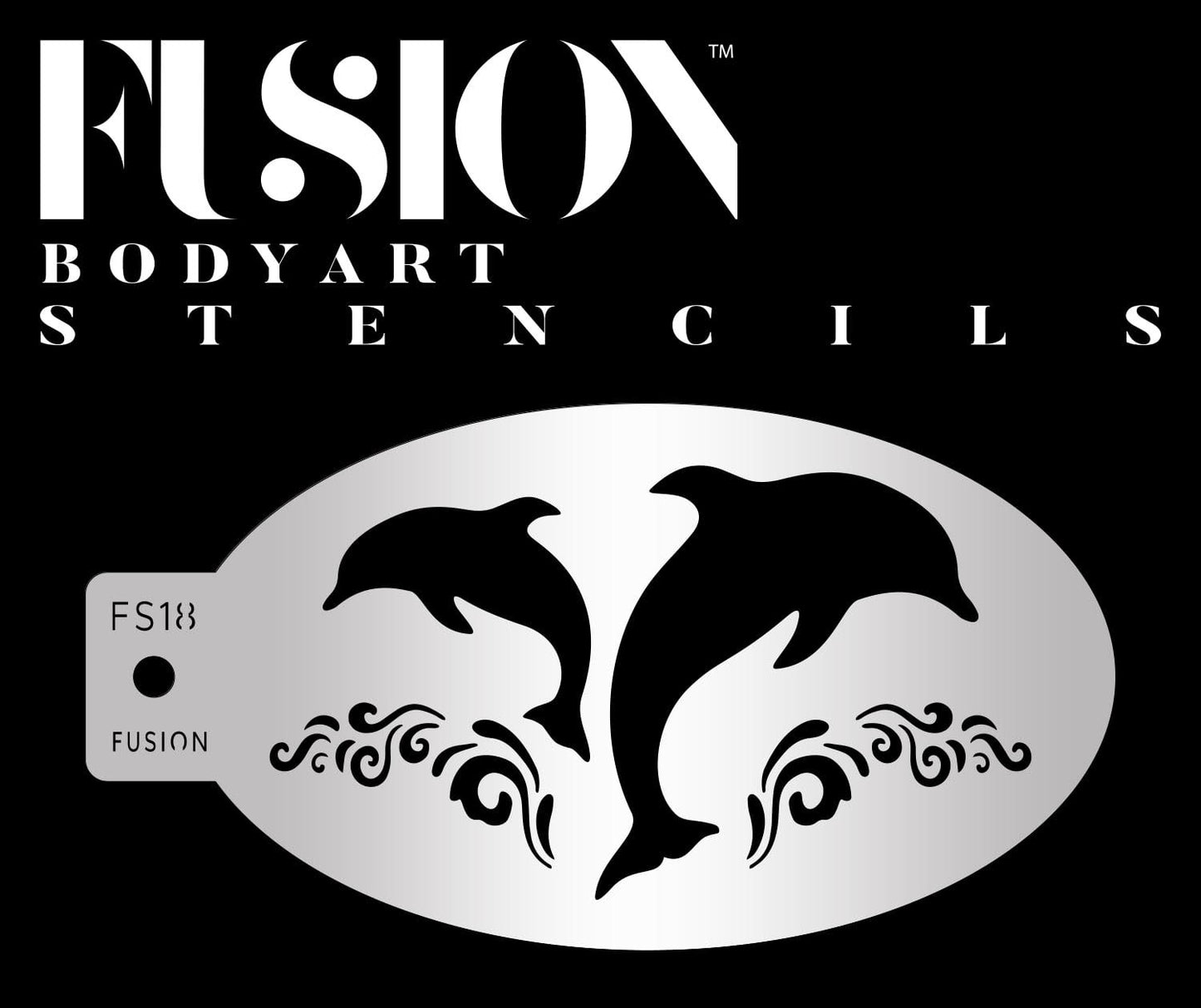 An oval stencil labeled FS183, featuring two dolphins leaping above decorative waves, appears under the Infinity Faces logo as the Dancing Dolphin Fusion Stencil Body Art on a black background.